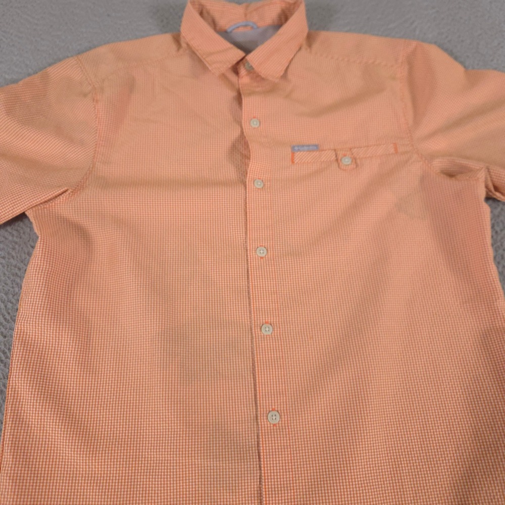 Columbia Shirt Mens M Orange Seersucker Gingham Ventilated Mesh Fishing PFG